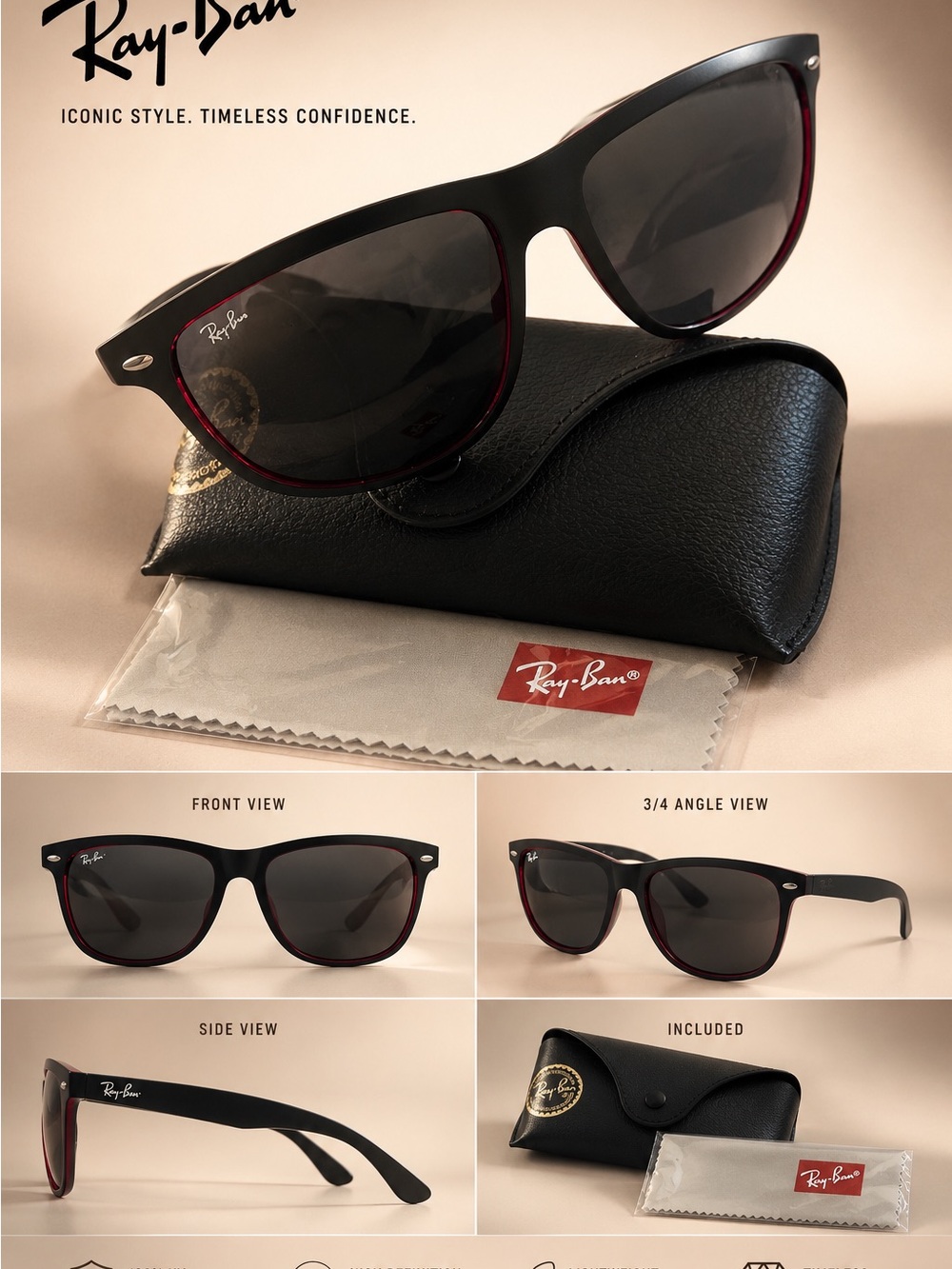 Ray-Ban Black Frame with Red Trim Wayfarer Sunglasses